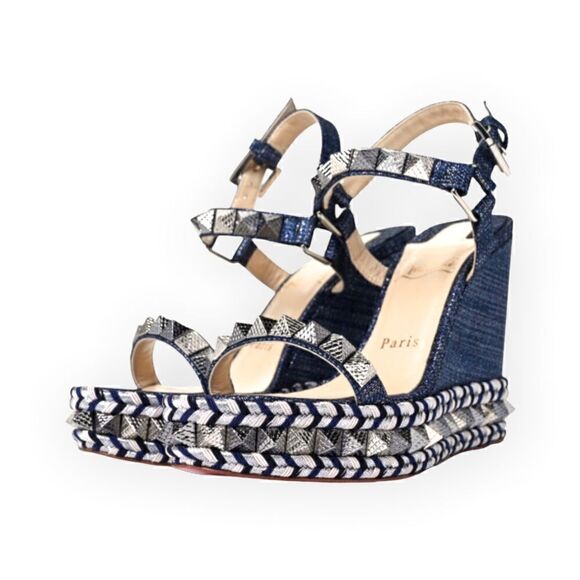 CHRISTIAN LOUBOUTIN Denim Lame Lux Pyraclou 110 Wedge Sandals |Size: 39| - Picture 1 of 13